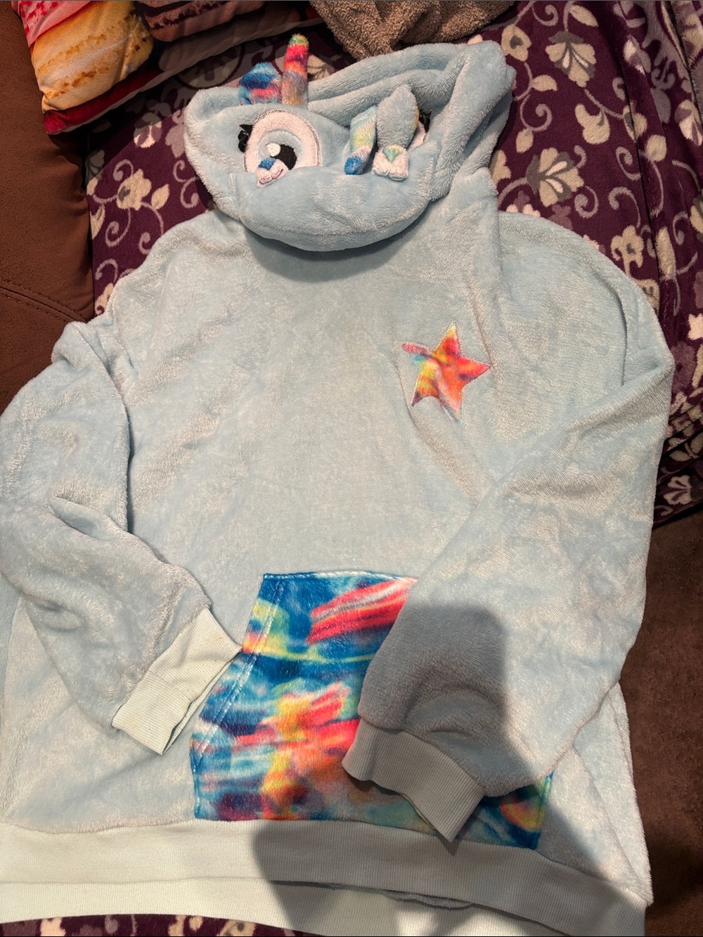 Ardene Light Blue Plush Unicorn Hoodie with Rainbow Accents